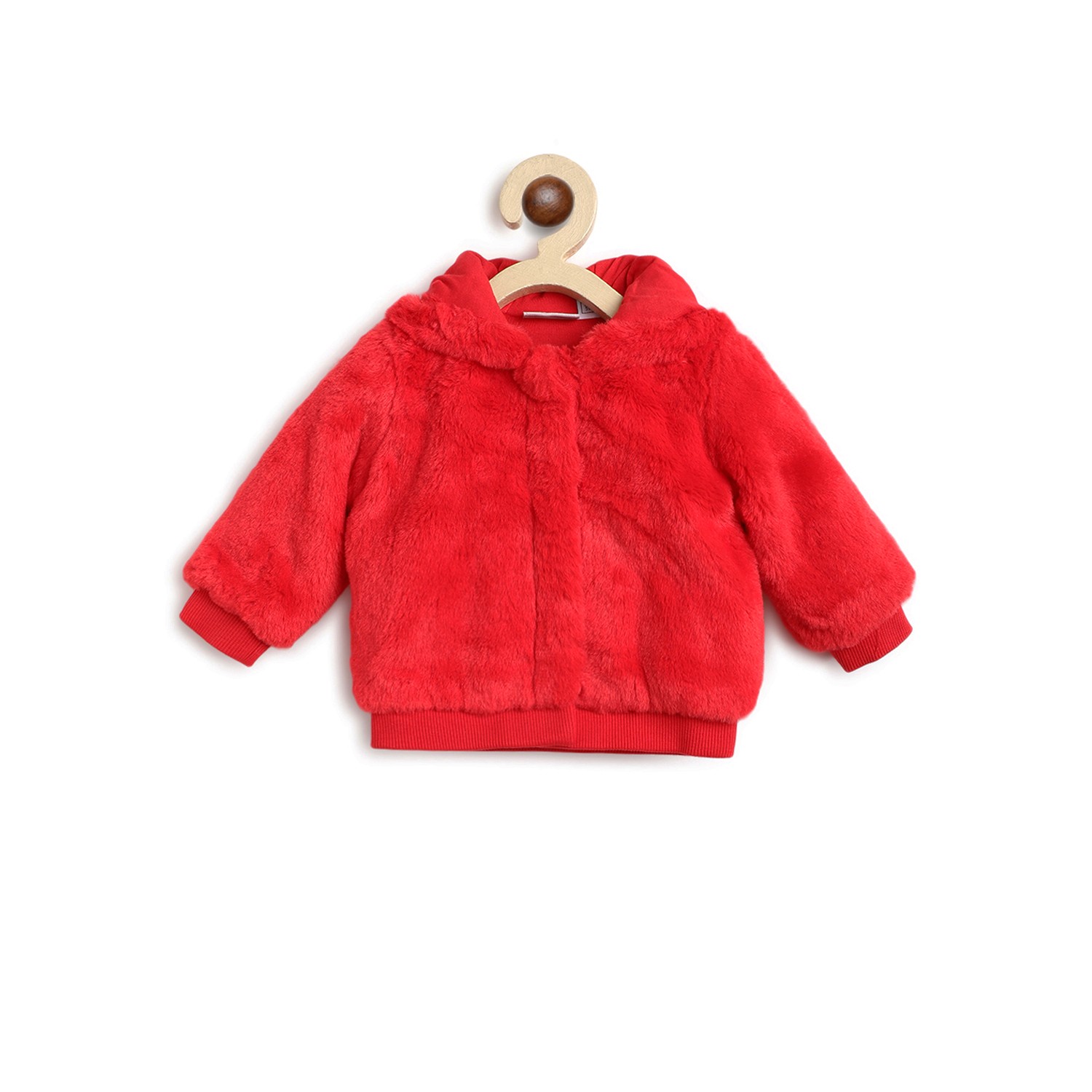 Faux Fur Front Open Cardigan with Hood-Red